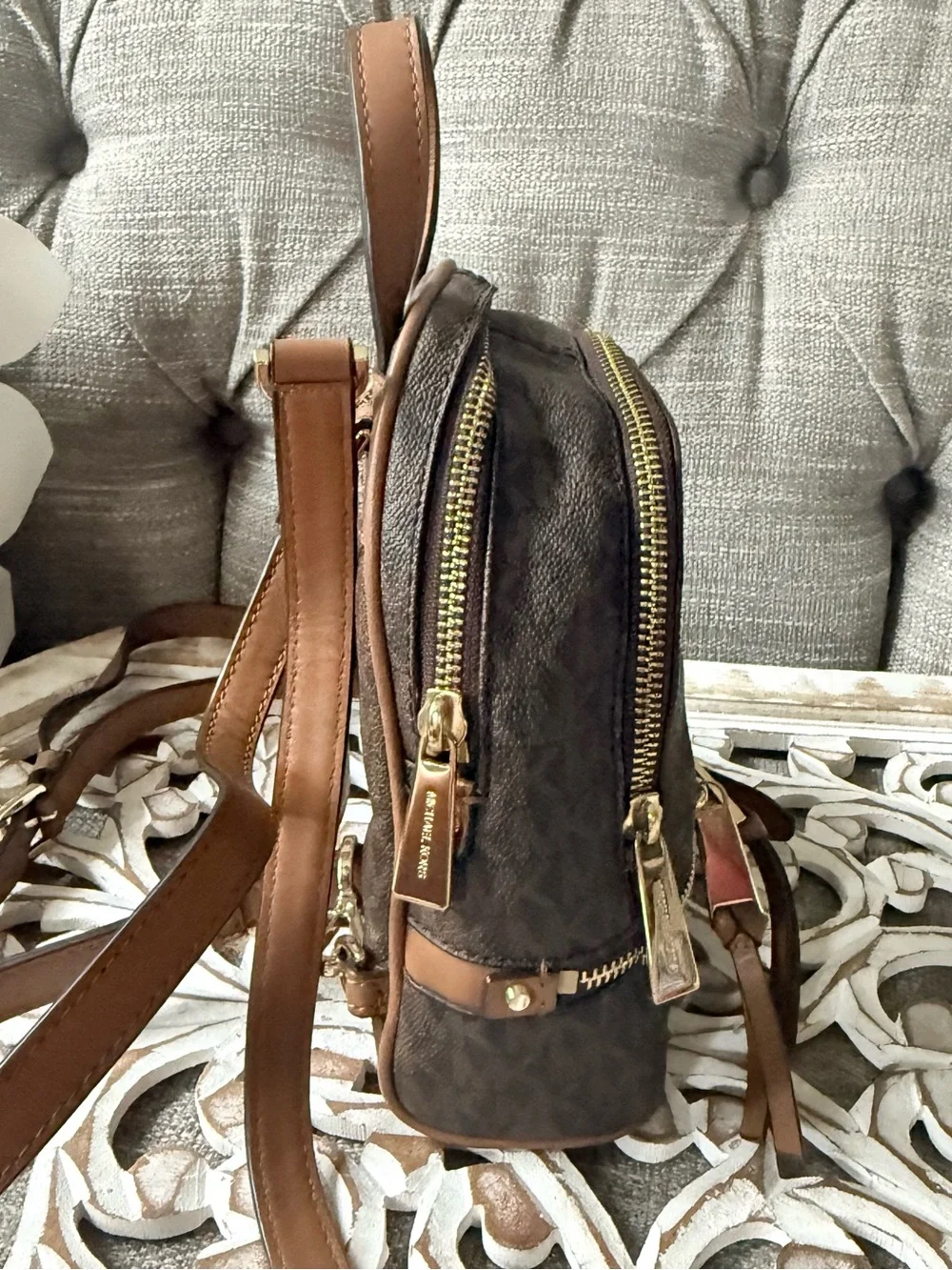 Michael Kors Brown Logo Mini Backpack with Tan Trim